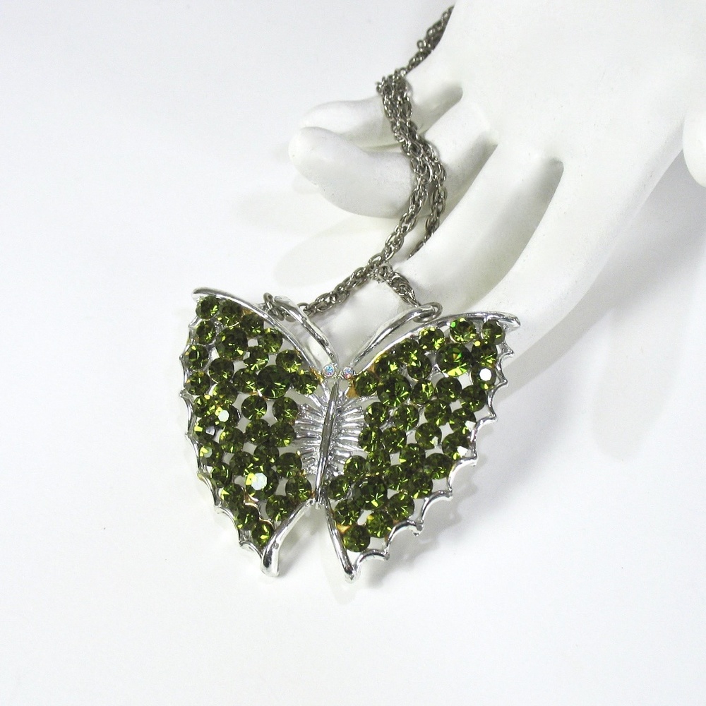 Rhinestone Butterfly Necklace, 24" Chain, 1970's